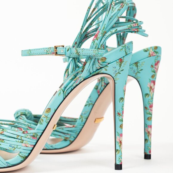 Gucci Allie Light-Blue Floral-Print Leather Knotted High-Heel Sandals - Picture 9 of 11